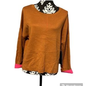 NWT Broadway 38 Colorblock Hazelnut Brown Sweater With Hot Pink Size Lar…
